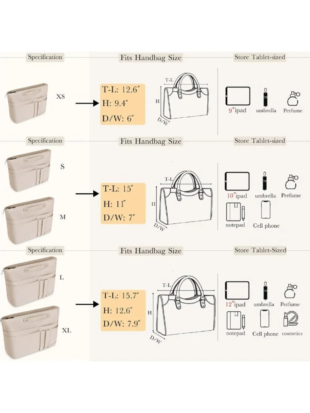 Zippered Handbag Organizer Insert with 15 Pockets for Tote Bags & Purses